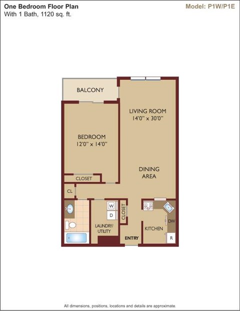 Floor plan for 1 bed, 1 bath, 1130 sqft